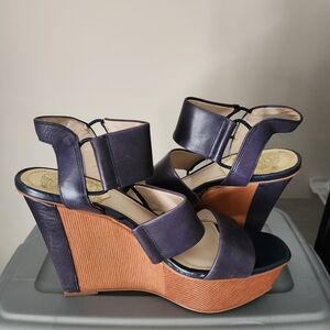 Chic Navy and Tan Wedge Sandals